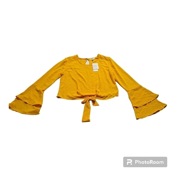 NWT Self Esteem Juniors' Bell-Sleeve Tie-Front Top Yellow Gold Small - Picture 1 of 7